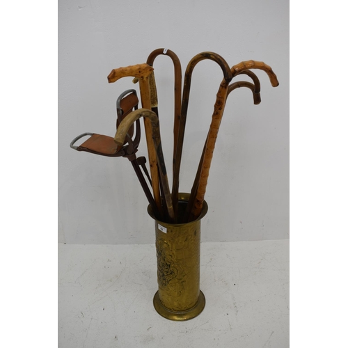 82 - Brass Umbrella Stand containing a Selection of Walking and Shooting Sticks (17