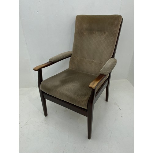 103 - Mid Century High Backed Fireside Chair with Fabric Cushions and Wood Frame