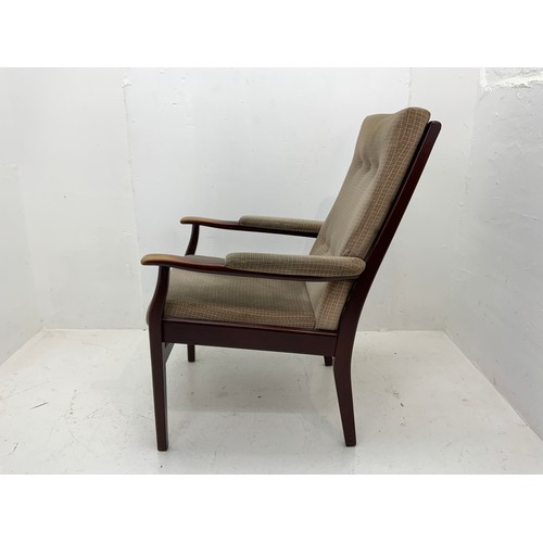 103 - Mid Century High Backed Fireside Chair with Fabric Cushions and Wood Frame