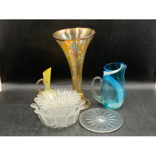 52 - Mixed Selection of Glassware including Fruit Bowl Set, Etched Carnival Glass Vase, Pitcher, Cake Pla... 