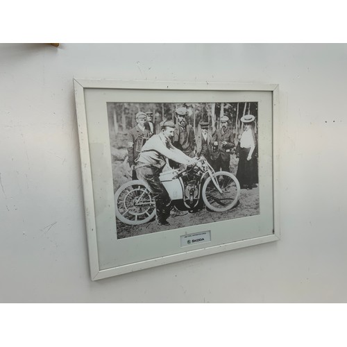 169 - Two Framed and Glazed Skoda L&K Type L 1904 Motorcycle advertising Picture approx 21