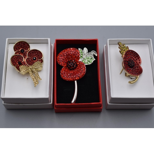 37 - Three Enamelled and Jewelled Poppy Brooches in Presentation Boxes