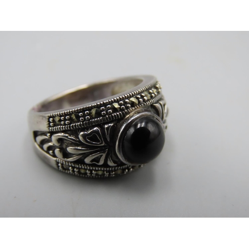 65 - Silver 925 Black Stone and Diamanté Ring (Size Q) Complete with Presentation Box