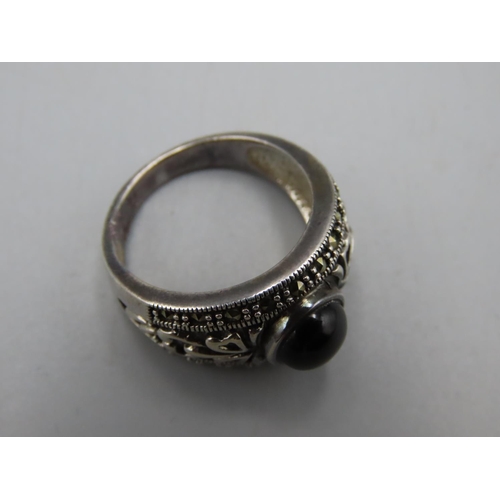 65 - Silver 925 Black Stone and Diamanté Ring (Size Q) Complete with Presentation Box