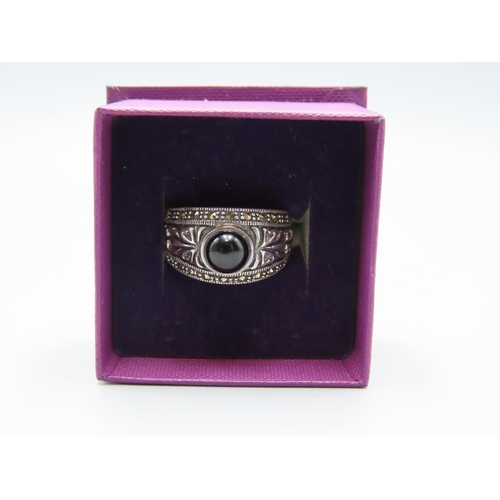 65 - Silver 925 Black Stone and Diamanté Ring (Size Q) Complete with Presentation Box