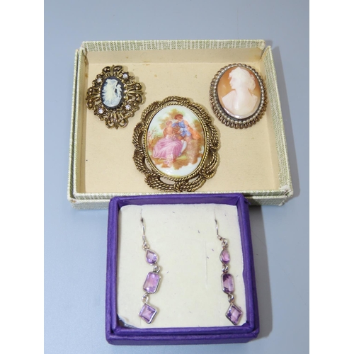 69 - Selection of 3 Vintage Brooches and a Pair of Purple Stoned Earrings