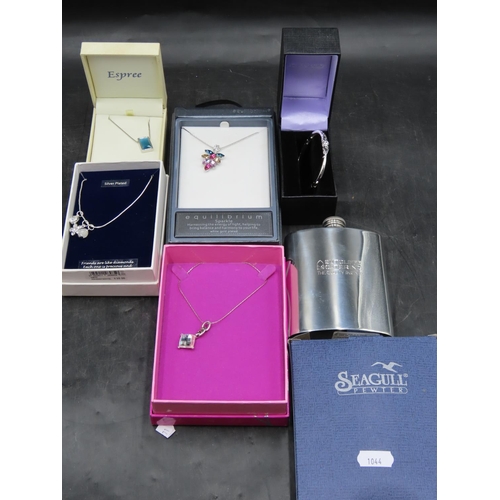 87 - Selection of Six Boxed items to include Necklaces, Bangle and Pewter Hip Flask