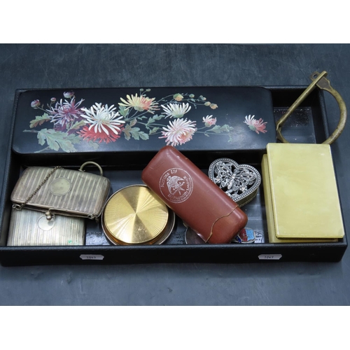 116 - Selection of Various Curios on tray to include Vintage Metal Purses, Painted box with lid, Compact a... 