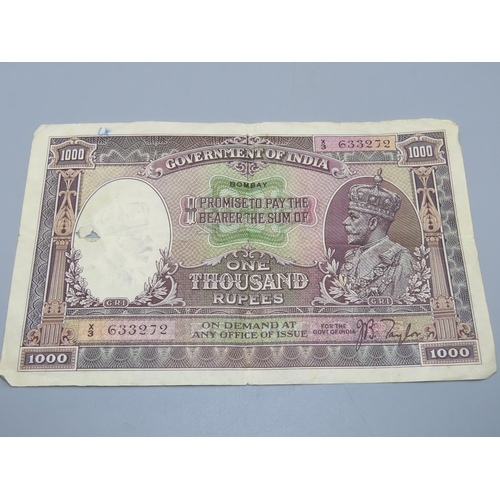 129 - George V One Thousand Rupee Government of India Bank Note (X3633272)