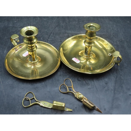 143 - Two Vintage Brass Chambersticks and Two Snuffers