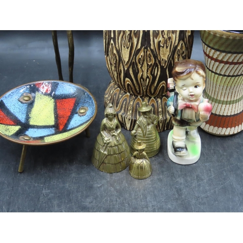 624 - Selection of Mid Century Pieces Including Ceramic German Vase, Enamelled Dish, Brass Bells and More