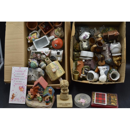 637 - Two Mixed Boxes of Ceramics to include Collectors Tea pots, Statues, Pin dish, Friendship plaque and... 