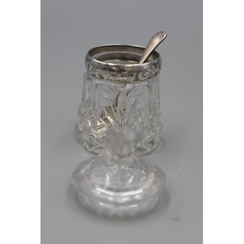 2 - Crystal Lidded Condiment Pot with Hallmarked Birmingham Silver Collar and Silver Plated Spoon