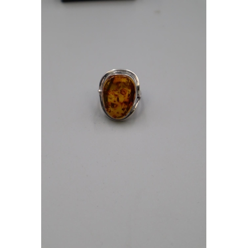 9 - Large Silver Amber Stoned Ring (Size T) Complete with Presentation Box