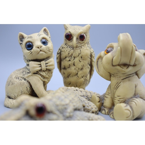 62 - Selection of Resin Animal Figures to Include Cat, Elephant, Owl and Alligator