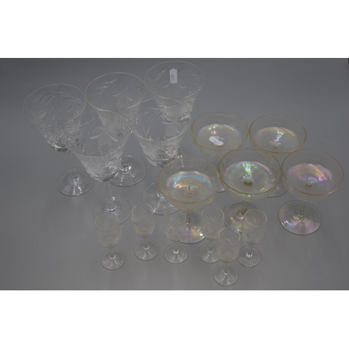 164 - Five Royal Brierly Wine Glasses, 6 Small Crystal Glasses and 5 Irridescent Glasses