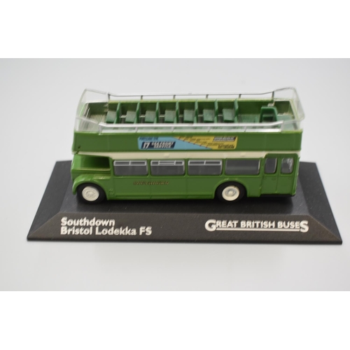 262 - Selection of 7 Di-Cast Metal Buses Standing on Black Plastic Plinths including Wallace Arnold, Kings... 