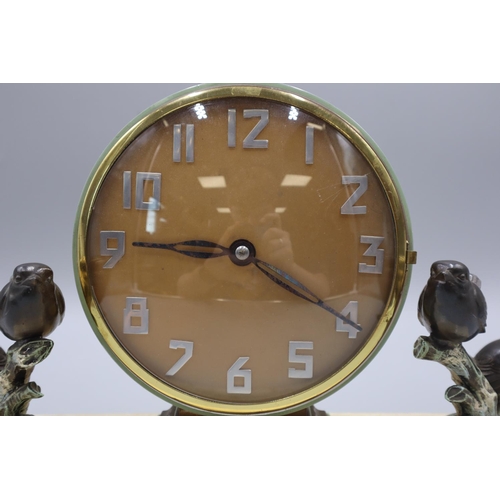 3 - Art Deco Clock Standing on Marble Plinth with Bronzed Bird Figures to either side (15