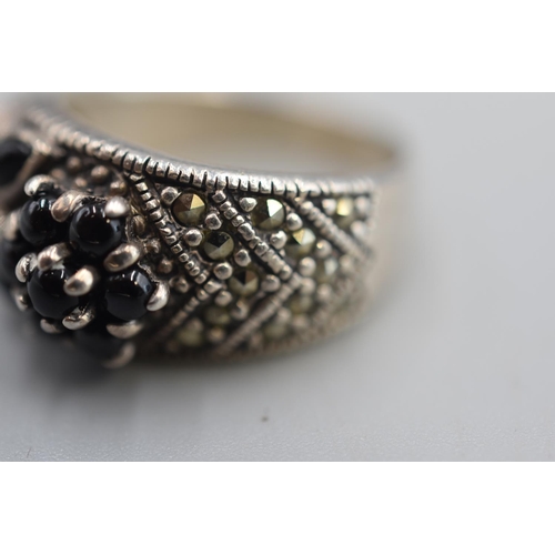 15 - Vintage Marcasite and Black Stoned Silver 925 Ring (Size S)