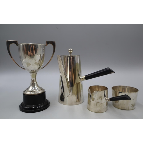 39 - Silver Plated 3 Piece Coffee Set, Trophy, and a Selection of Tea Spoons including a Set of Coffee Be... 