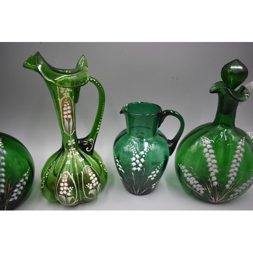 53 - Four Victorian Blown Green Glass Jugs and Vases (1 a/f)