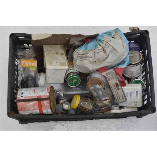 544 - Mixed selection of Tools, Paints, and Fixings together with a Large Tub Containing Plumbing Fittings