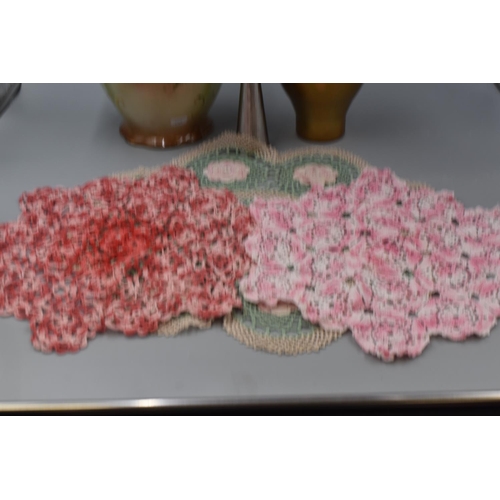 231 - Large Pouring Jug, Glass Vase, Dragon Pewter and Selection of Lace Doilies