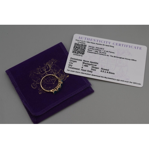 13 - Hallmarked Birmingham 375 Gold Ring with 4 Neon Apatite Stones Presentaion Box and Certificate