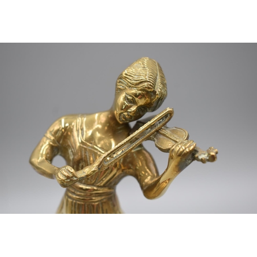 54 - Brass Figure of Girl Playing Violin standing on Wooden Plinth (11