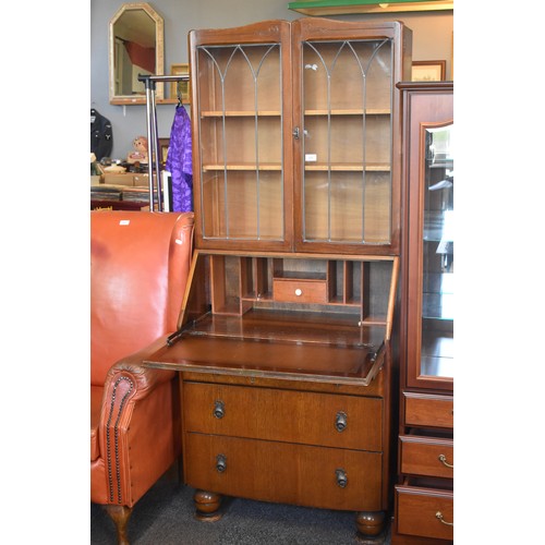 339 - Lebus Furniture Oak Bureau Bookcase in an Art Deco Form Leaded Glass Panelled Doors (with keys) 69