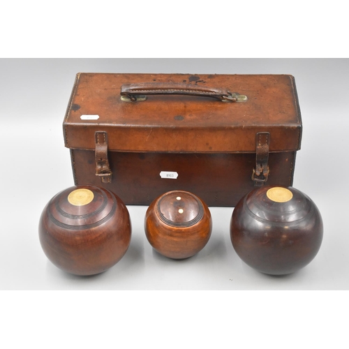 217 - Antique Cased Slazengers Wood Bowling Bowls With Jack