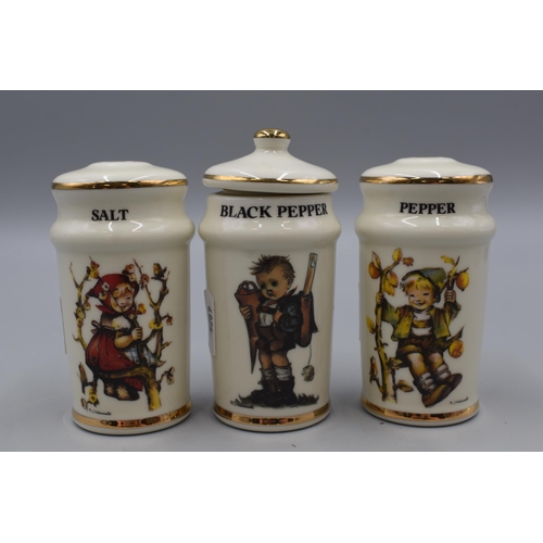 73 - Hummel / Goebel Figure Decorated Salt and Pepper plus a Black Pepper Spice Jar