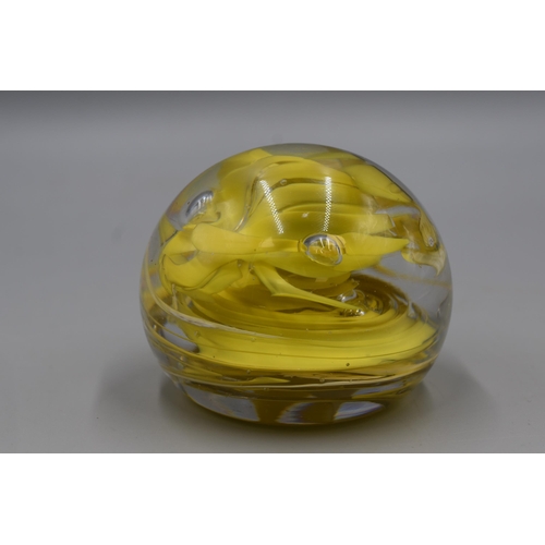 75 - Whitefriars Lead Crystal Paperweight with Yellow Swirl Decoration (8.5cm dia)