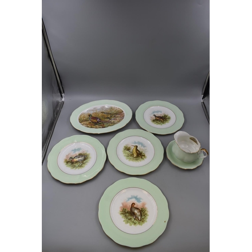 242 - Seven Pieces of Imperial Fine Bone China Wild Game Bird Themed to include Gravy Boat and Carver and ... 