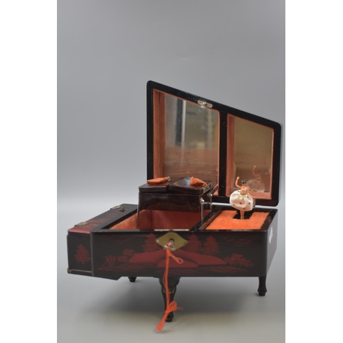 271 - Musical Grand Piano Laquered Jewellery Box With Key . Dancing Ballerina Movement