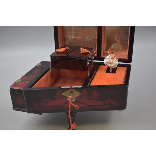 271 - Musical Grand Piano Laquered Jewellery Box With Key . Dancing Ballerina Movement