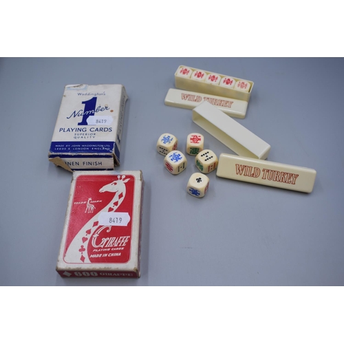 316 - Poker Lot to include Two Sets of Wild Turkey Poker Dice and Two Packs of Playing Cards