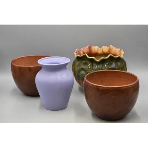 494 - Matching Pair of Ceramic Planters With Wood Look Decoration , An Old Bretby Planter and 1 Other