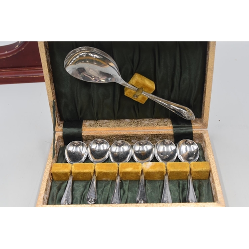 495 - Wood Cased Mantel Clock, Desert Spoon Set and two Commemorative Cups