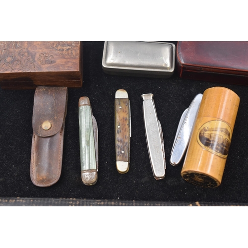 96 - Mixed Tray of Vintage items to include Thermometer, Trinket Boxes and Pocket Knives