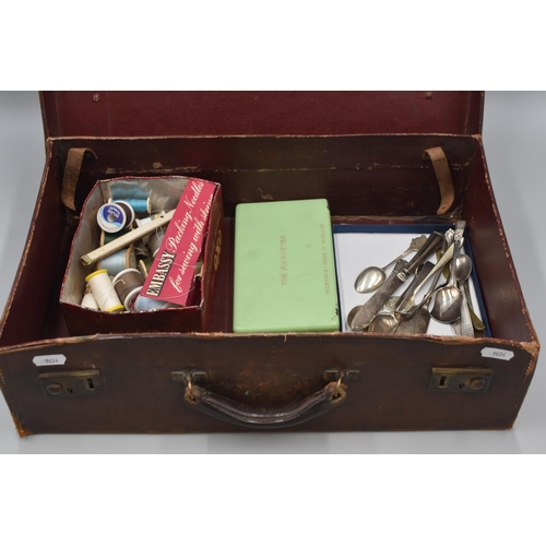 260 - Vintage Leather Case containing Haberdashery Items, Fishing Fly Kit and Silver Plated Cutlery