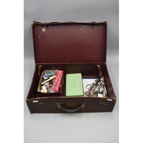 260 - Vintage Leather Case containing Haberdashery Items, Fishing Fly Kit and Silver Plated Cutlery