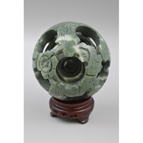 12 - Chinese Jade Puzzle Ball Standing on Wooden Plinth (7