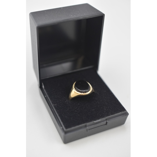 24 - Hallmarked Birmingham 375 (9ct) Gold Black Ontx Signet Ring (Size M) Complete with Presentation Box