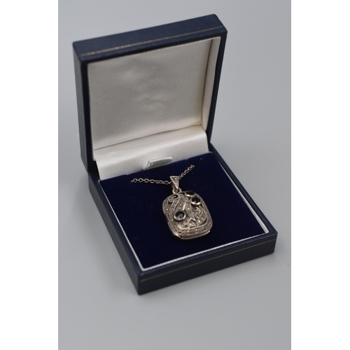 27 - Silver 925 Diamante Locket Pendant and Chain Complete with Presentation Box