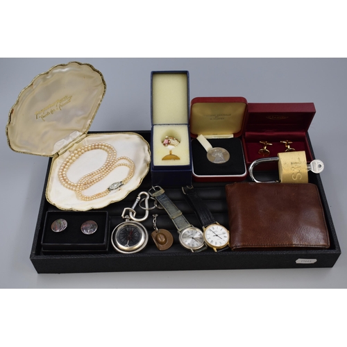 44 - Mixed tray to include Leather Wallet, Cufflinks, Pompadour Pearls, Watches and other