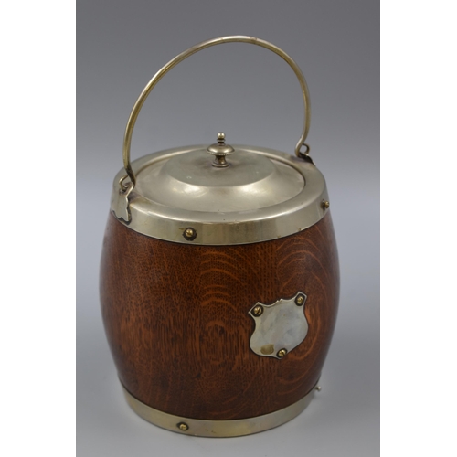 88 - Vintage Oak Biscuit Barrel with EPNS Lid and Vacant Catouche