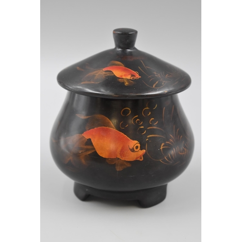 108 - Vintage Chinese Lacquered Box Wood Lidded Pot Decorated with Golden Fish