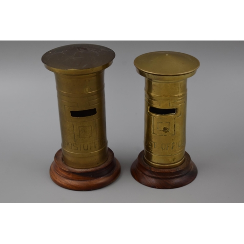 111 - Two Brass Post Box Money Boxes Standing on Wooden Plinths