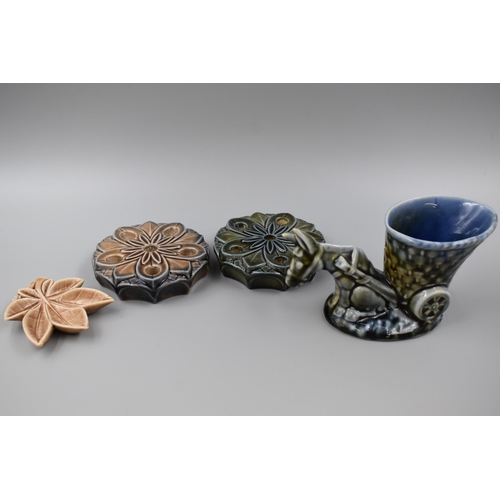 141 - Two Wade Pottery Candle Holders, Leaf Pin Dish and a Shamrock Pottery Donkey Vase